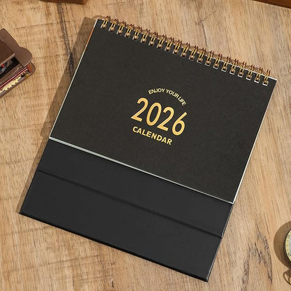 Small Desk Calendar 2025-2026, Use Now to Dec 2026, Standing Flip Desk Calendar with To-do List & Notes, Metal Ring Twin-Wire Binding with Stickers, Monthly Desktop Calendar for Home Office (Black)
