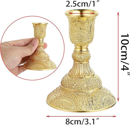 OwnMy 2PCS Brass Taper Candle Holders Candle Stick Holders Set Vintage Metal Pillar Candlestick Holders, 4”H Elegant Candle Stand Candelabra for Dining Table Centerpieces Wedding Home Decoration, Gold