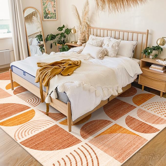 MUJOO 5x7 Area Rugs Boho,Washable Rugs for Living Room Bedroom Dining Room,Large Throw Floor Carpet Non Slip Soft Modern Abstract Bohemian Orange