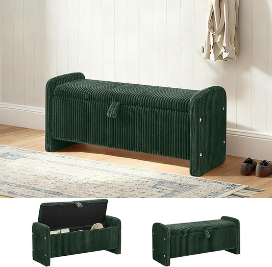 44" Storage Ottoman Bench, Upholstered End of Bed Storage Benches, Rectangle Ottoman with Storage for Bedroom, Entryway, Corduroy Green