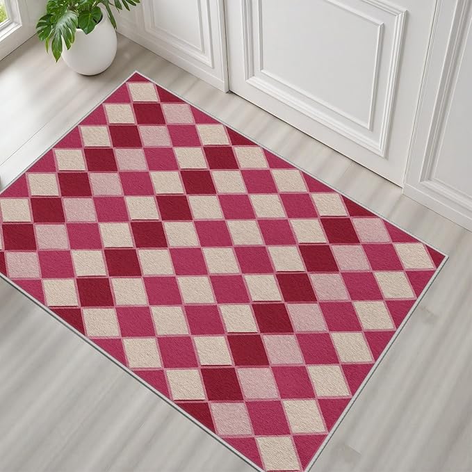 Plaid Rug, Soft Ultra Soft Faux Wool Rhombus Geometric Rugs, Indoor Floor Mats Carpet, Non Slip&Non-Shedding Low Pile Washable Rugs, Modern Red 2x3 Area Rug for Bedroom Home Decor