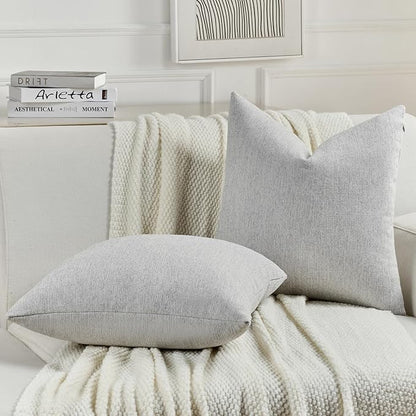 FUTEI Light Grey Chenille Decorative Throw Pillow Covers 20x20 Inch Set of 2,Soft Cozy Faux Linen Textured Cushion Case,Farmhouse Home Decor for Couch Living Room