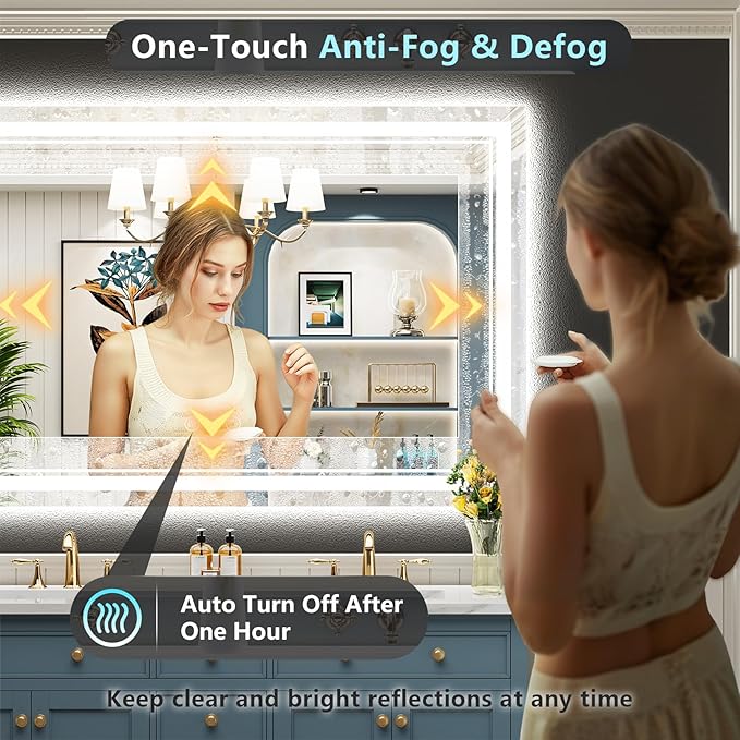 55x40 LED Bathroom Mirror with Lights, Backlit and Front Lit, Anti-Fog Lighted Vanity Mirrors for Bathroom Wall, Dimmable, 3-Color Light, Memory, Shatter-Proof, HD Tempered Glass, CRI＞90