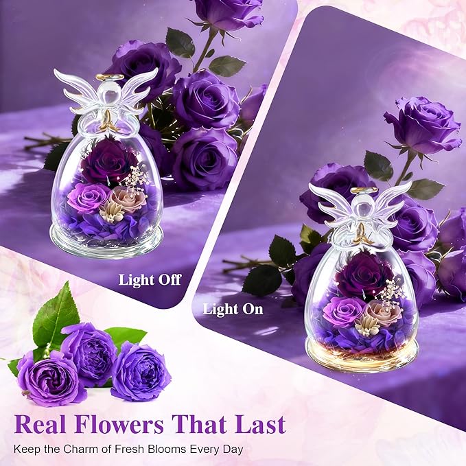 Purple Rose Valentines Day Gifts for Her Birthday Gifts for Women, Forever Rose in Glass Flowers for Delivery, Preserved Rose Angel Figurine for Mom Grandma, Mother’s Day Birthday Gifts