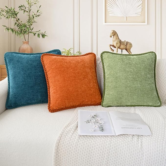 CaliTime Decorative Couch Throw Pillow Covers 16 X 16 Inches Pack of 2 Cozy Chenille Piping Edge Cushion Cases for Sofa Bed Living Room Home Ocean Blue