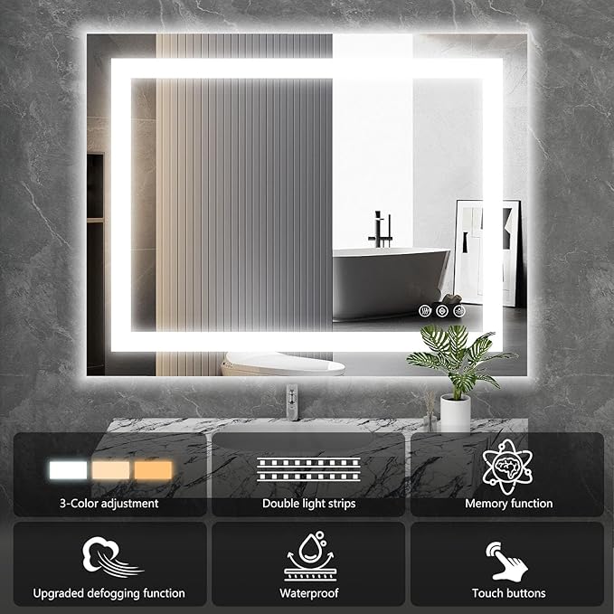 Sweetcrispy 36"x36" Smart Anti-Fog LED Bathroom Mirror with 3 Color Temperatures, Dimmable, Memory Function, Rectangle Modern Vanity Mirror