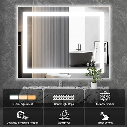 Sweetcrispy 28"x 36" Rectangle LED Bathroom Mirror with Front Light and Backlit, Smart Memory Functionr - Enhanced Anti-Fog Feature, Pure White
