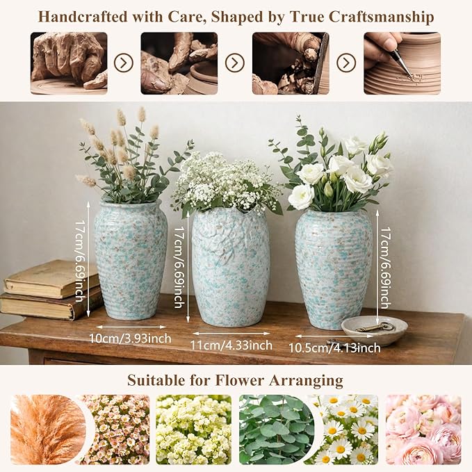 BEAHOT Ceramic Vases Set of 3 – 6.7-inch Handmade Blue & White Pottery Trio with Speckled Glaze – Decorative Flower Vases Home Decor for Table Mantel Entryway Shelf Living Room Kitchen Bathroom