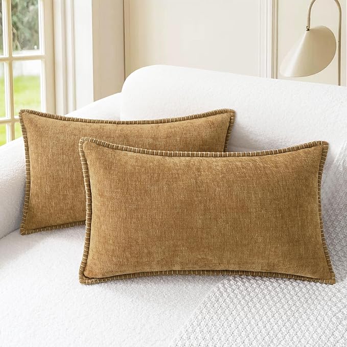 CaliTime Throw Pillow Covers Decorative 12 X 20 Inches Pack of 2 Cotton Thread Stitching Edges Solid Dyed Soft Chenille Cushion Case for Couch Sofa Bed Living Room Farmhouse Apricot Brown