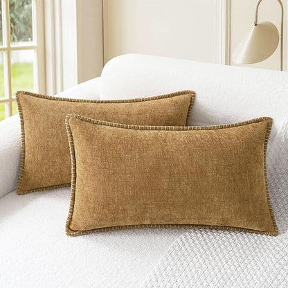 CaliTime Throw Pillow Covers Decorative 12 X 20 Inches Pack of 2 Cotton Thread Stitching Edges Solid Dyed Soft Chenille Cushion Case for Couch Sofa Bed Living Room Farmhouse Apricot Brown