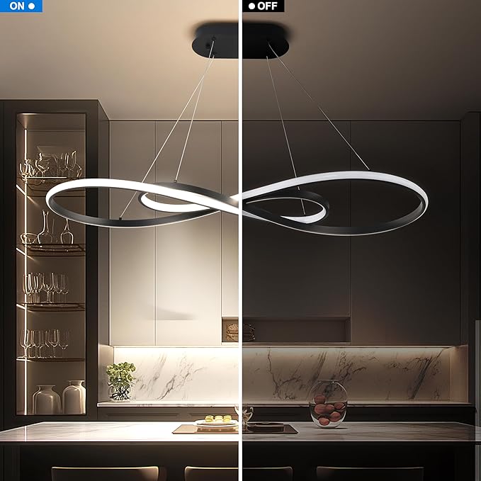 Modern Led Pendant Light, Dimmable Black LED Chandelier for Dining Room Light Fixture Over Table Modern Kitchen Island Lighting, Height Adjustable Ceiling Light