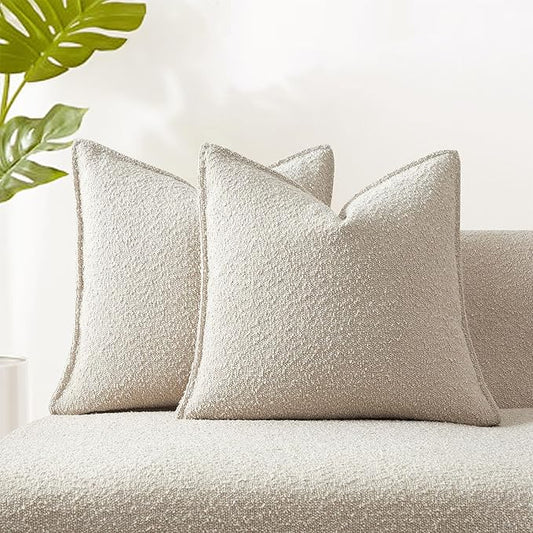 JUSPURBET 18x18 Pillow Covers Set of 2 Decorative Throw Pillow Covers Case for Couch Sofa Bed Soft Boucle Textured Cushion Covers with Hidden Zipper for Home Decor Living Room,Beige