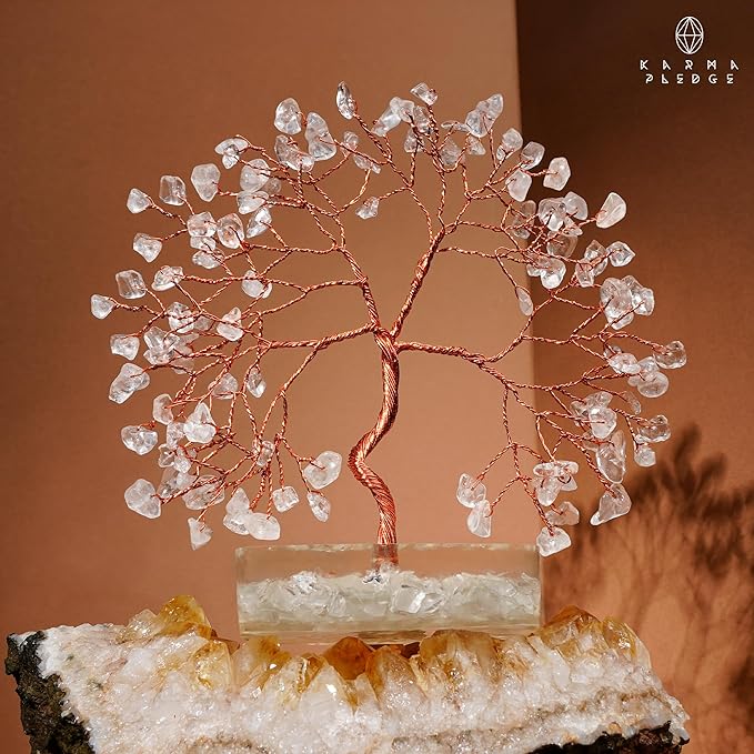 Clear Quartz Crystal Tree of Life Spiritual gifts for Women, 7 Chakra Reiki Healing Crystals for Positive Energy & Good Luck, Money Bonsai Trees, Handmade Feng Shui Home and Office Decoration