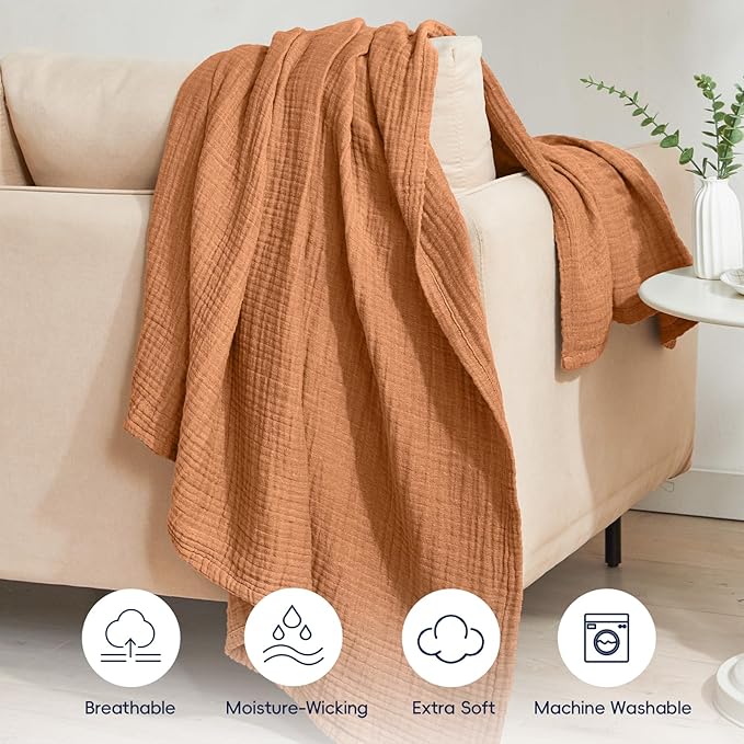 PHF 100% Cotton Muslin Blanket Twin XL Size 66"x90", 4-Layer Lightweight Gauze Throw, Breathable Cloud-Soft Minimalist Blanket for Bed, Couch, Camping & Baby, Caramel, Ideal Gift