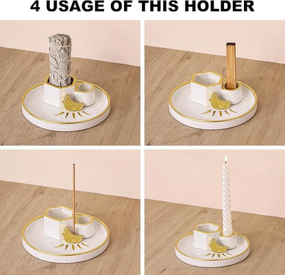 Ceramic Incense Holder Burner, Sage Holder for Burning, Palo Santo Sticks Holder, 5.51" Ash Catch Tray, Smudge Dish for Meditation Yoga, Modern Home Decor Gift