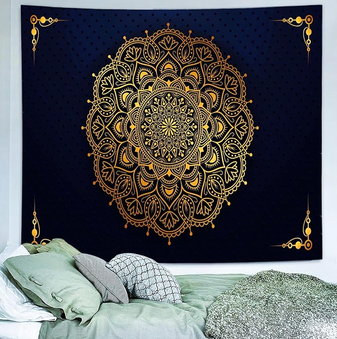 Delur Mandala Tapestry Aesthetic Boho Gold Floral Medallion Tapestry Wall Hanging Bohemian Wall Art Indian Hippie Psychedelic Headboard for Bedroom Living Room Home Decor (59.1" x 78.7")