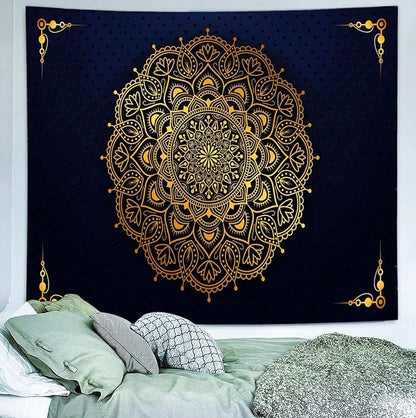 Delur Mandala Tapestry Aesthetic Boho Gold Floral Medallion Tapestry Wall Hanging Bohemian Wall Art Indian Hippie Psychedelic Headboard for Bedroom Living Room Home Decor (70.8" x 92.5")