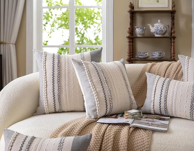 Boho Throw Pillow Covers 12x20 Inch Set of 2, Grey Textured Decorative Couch Pillow Cases for Farmhouse Home Decor, Accent Cushion Cover for Sofa, Bed, Living Room, Bedroom
