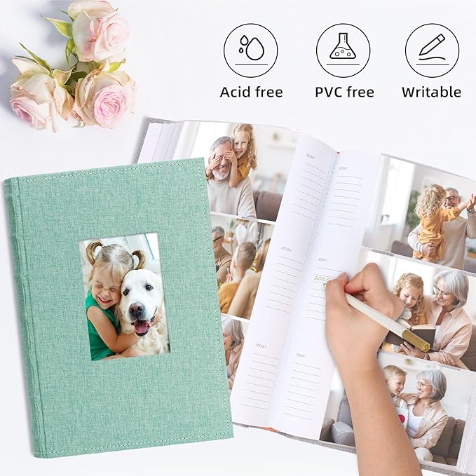 Vienrose Photo Album 4x6 300 Photos Linen Frame Cover with Memo Areas Photobook Large Capacity Slip-in Pictures Book for Wedding Baby Vacation, Green
