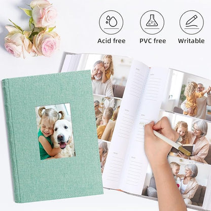 Vienrose Photo Album 4x6 300 Photos Linen Frame Cover with Memo Areas Photobook Large Capacity Slip-in Pictures Book for Wedding Baby Vacation, Green