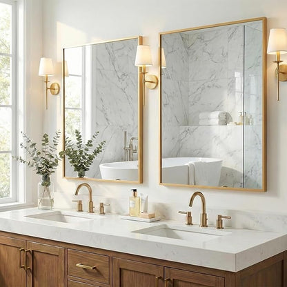 24''x36'' Gold Bathroom Mirror | Antique Brass Deep-Set Recessed Metal Frame | Heavy-Duty Rectangular Wall Mirror | Traditional Mantel & Bedroom Decor
