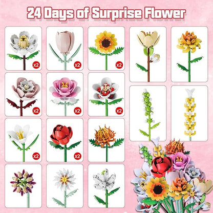 Flower Bouquet Building Blocks Set - 24-Day Countdown Calendar for Spring, Valentine's Day, Mother's Day & Christmas - DIY Colorful Roses & Tulips Building Home Decor for Women, Teens, Mom
