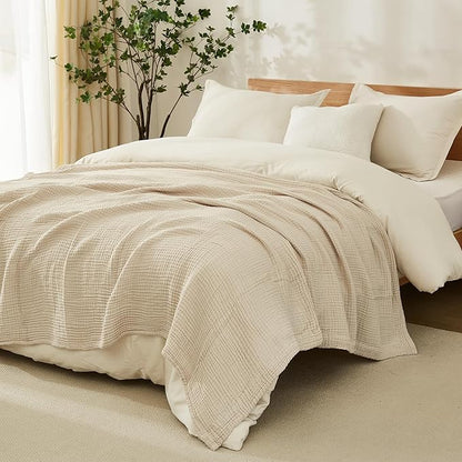 EMME Cotton Blanket King Size for Bed Soft Muslin Blankets 108"x90" Light Tan Lightweight Breathable Layering Bedspread Coverlet All Season Gauze