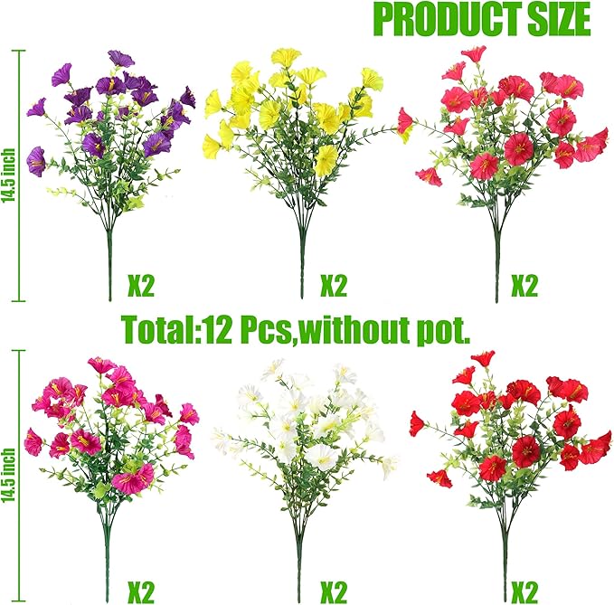 Artificial Flowers for Outdoors 12 Bundles Realistic Faux Plants UV Resistant Fake Silk Morning Glory with Eucalyptus for Front Door Planter Patio Porch Spring Summer Decoration (6 Mixed Color)
