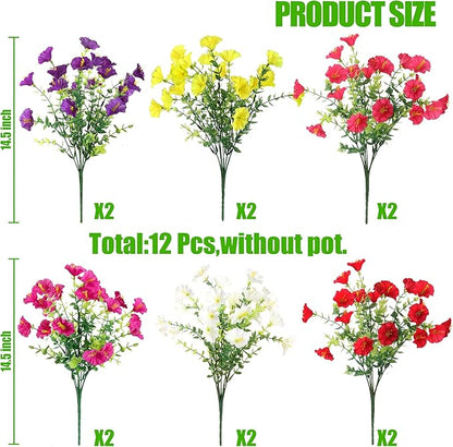 Artificial Flowers for Outdoors 12 Bundles Realistic Faux Plants UV Resistant Fake Silk Morning Glory with Eucalyptus for Front Door Planter Patio Porch Spring Summer Decoration (6 Mixed Color)