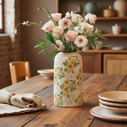 Vintage Pastoral Ceramic Vase, 10.6 inch Yellow and Beige Sunflower Floral Rustic Farmhouse Antique Retro Ice Cracked Chinoiserie Vases for Home Decor Living Room Tuscan Decor (Large)
