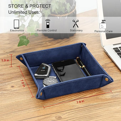 SITHON Valet Tray Desktop Storage Organizer – Premium PU Leather Catchall Bedside Vanity Tray Nightstand Caddy Holder for Remote Controller, Keys, Phone, Wallet, Coin, Jewelry, Dark Blue