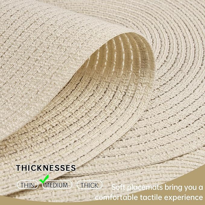 Noctiflorous Oval Braided Placemats Set of 8 Woven 12x18 Inch Non Slip Washable Heat Resistant Place Mats Round Tablemats for Dining Kitchen Party Daily Table Decor Dinner Mats (Solid Beige White, 8)
