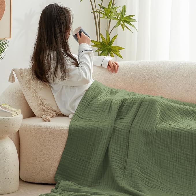 Love's cabin 6 Layer 100% Cotton Muslin Blanket, 60"x80" Twin Muslin Blanket for Couch Bed, Lightweight and Breathable Cotton Gauze for Adult, Sage Green