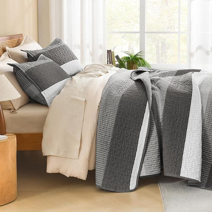 Litanika Oversized King Quilt Set Dark Grey, 120x120 Stripe Bedspread Coverlet 3 Pieces, Dark Grey Lightweight Quilted Bedding Set for All Season(Super King-1 Quilt, 2 Pillowcases)