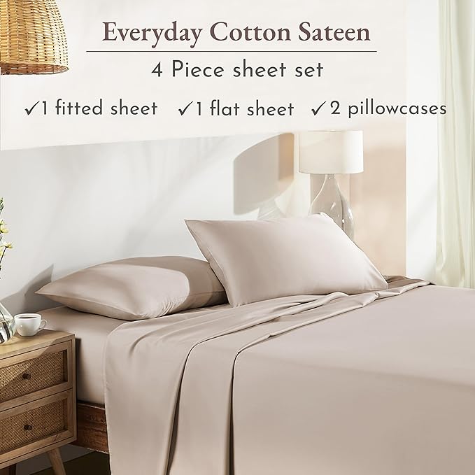 California Design Den Queen Sheet Set - Natural 100% Cotton Sheets Queen Size Bed Set with Deep Pockets, Soft Sateen Weave, Breathable and Durable Bedding Beige (Warm Taupe)