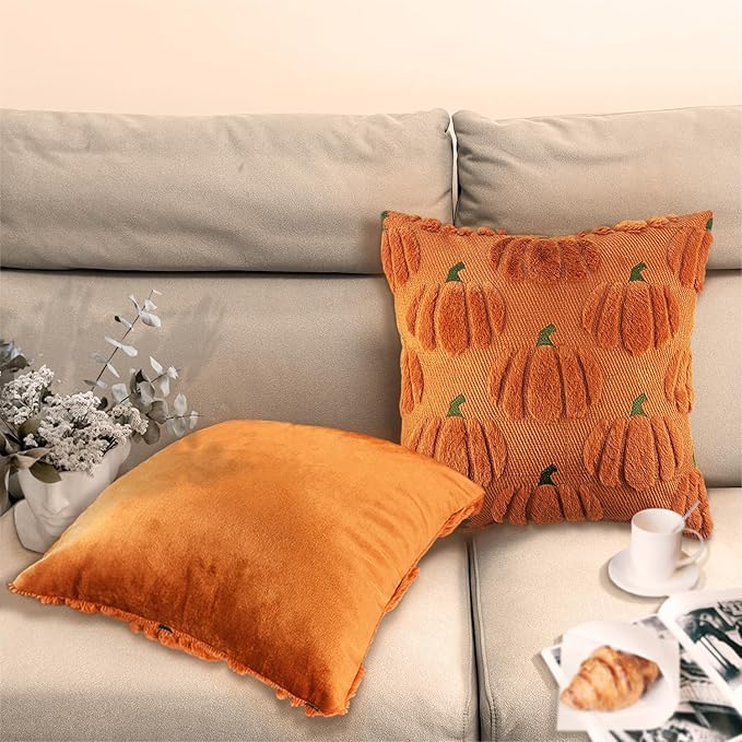 Fall Pumpkin Decorative Throw Pillow Covers 24x24 Set of 2 Pillow Covers, Faux Fur Square Pillow Cover Fluffy Plush Accent Throw Pillow Case, Throw Pillow Cover Cushion Cover for Autumn