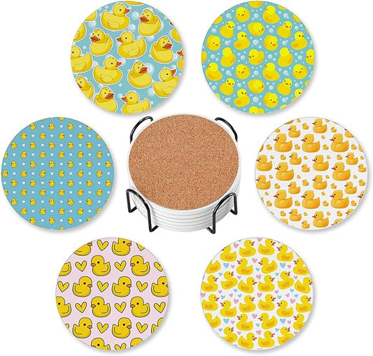 Drink Coasters for Drinks Set of 6,Cute Duck Absorbent Round Ceramic Stone Mat Coaster, with Cork Base and Metal Holder, Home Bar Decor House Warming Gift