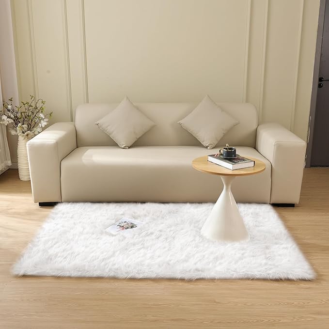 White Faux Sheepskin Shaggy Fur Rug for Living Room Soft Plush Machine Washable Fluffy 4x6 Area Rugs for Bedroom Nursery Rug