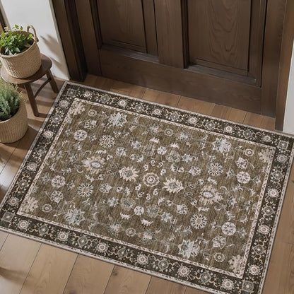 Tangsoo 2x3 Small Rug Washable Brown Entry Rugs for Entryways Non-Slip Vintage Floral Throw Area Rugs Boho Rugs Distressed Floor Carpet Soft Low Pile Door Mat for Entrance Bedroom Kitchen Foyer Decor