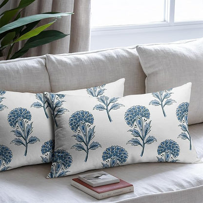 Blue Floral Lumbar Pillow Covers 12x20 Set of 2 Blue and White Block Print Pattern Rustic Spring Flower Decorative Outdoor Farmhouse Pillowcases Decorations Throw Cushion Cover Decor Couch Sofa Bed