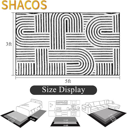 SHACOS Soft Cozy Fluffy Arch Pattern High Low Pile Rugs 3'x5' Non Slip Washable Scandinavian Minimalist Rug Modern Geometric Arc Carpet for Living Room Bedroom Dining Room, Black White