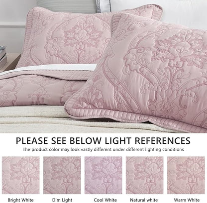 CHIXIN Oversized Bedspread Coverlet Set King Size - Lightweight Bedding Cover - Beautiful Stitching - 4 Piece Reversible Bedspread - Gorgeous Damask Paisley Pattern (King, Pale Rose)