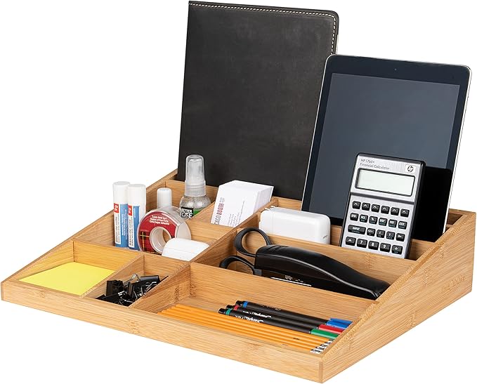 Theodore Bamboo Desktop Organizer – 10‑Compartment Natural Wood Storage Tray for Office, Home, Kitchen & Vanity – No Assembly, Water‑Resistant, Eco‑Friendly