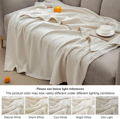 PHF 100% Cotton Muslin Blanket Queen Size 90"x90", 4-Layer Lightweight Gauze Throw, Breathable Cloud-Soft Minimalist Blanket for Bed, Couch, Camping & Baby, Oat Milk, Ideal Gift