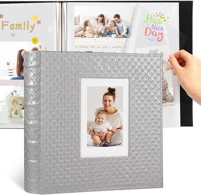 RECUTMS 60 Pages DIY Photo Albums with Sticky Pages Button Grain Leather Cover 4x6 5x7 8x10 Photos of Any Size, Wedding Photo Album Baby Picture Book Family Scrapbook Photo Album (Gray)