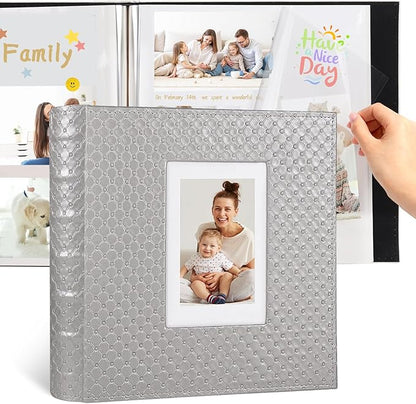RECUTMS 60 Pages DIY Photo Albums with Sticky Pages Button Grain Leather Cover 4x6 5x7 8x10 Photos of Any Size, Wedding Photo Album Baby Picture Book Family Scrapbook Photo Album (Gray)