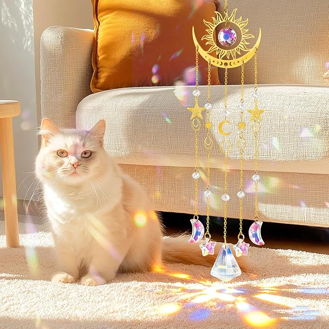 Crystal Suncatcher, Sun and Moon Suncatcher for Windows Hanging Indoor Outdoor, Prisms Rainbow Maker Home Garden Backyard Room Decor for Valentines's Mother's Day Birthday Housewarming Gift