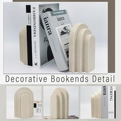 Heavy Duty Bookends for Shelves, 6.6 LBS Heavy Book Ends for Heavy Books, Decorative Modern Bookends with Faux Sandstone Look, Layered Arch Book Stopper for Bookshelf Holder Set of 2, Beige