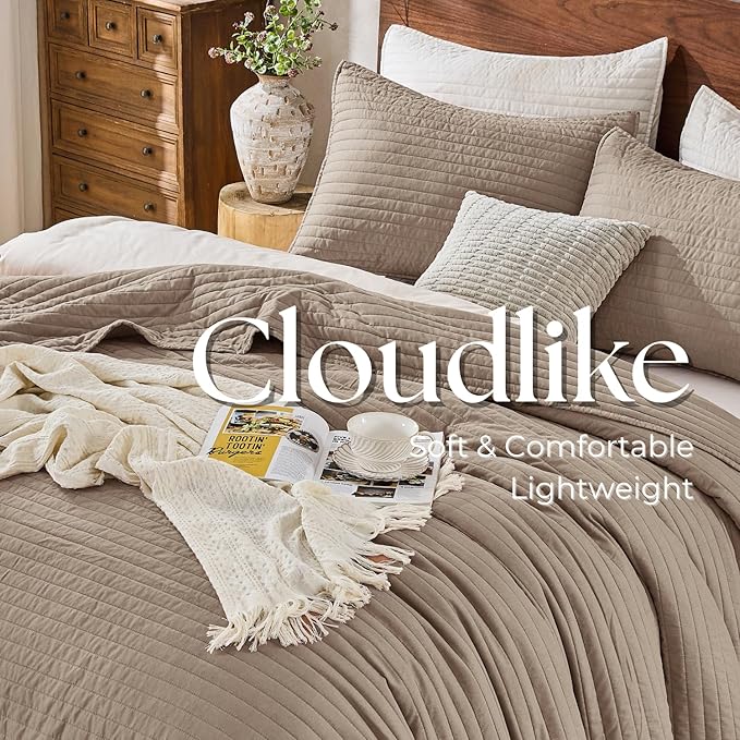 DOWN HOME King Quilt Bedding Set with Shams, Vintage Washed Soft Quilted Blanket Thin Comforter Lightweight Bedspread Coverlet Bed Cover, Brushed Microfiber Stripe Stitching, Brown, 104"x90"