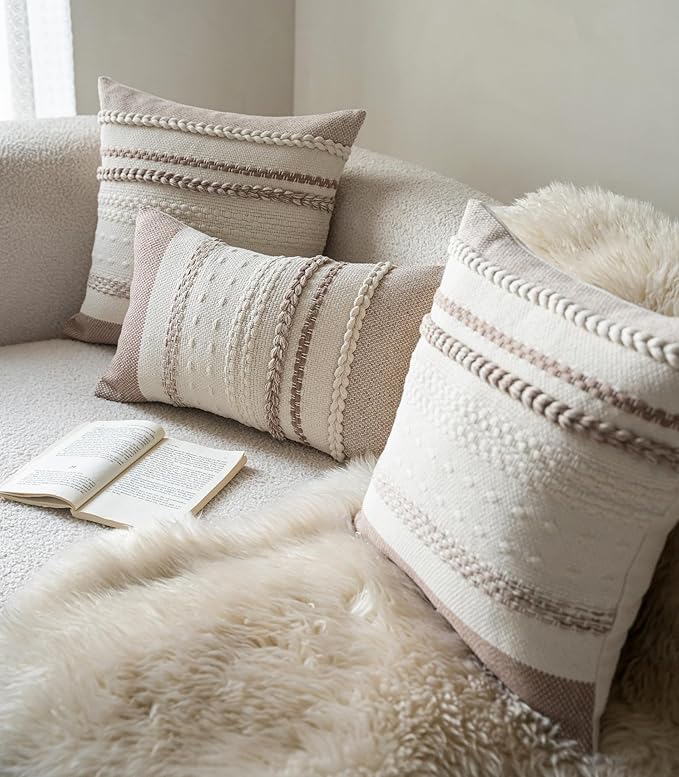 Boho Throw Pillow Covers 12x20 Inch Set of 2, Khaki Textured Decorative Couch Pillow Cases for Farmhouse Home Decor, Accent Cushion Cover for Sofa, Bed, Living Room, Bedroom